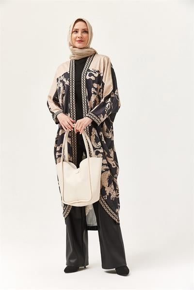 Oversize Şerit Detaylı Kimono Hırka Siyah
