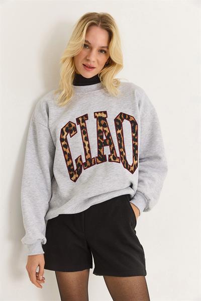 Kadın Üç İplik Leopar Baskılı Sweatshirt Gri