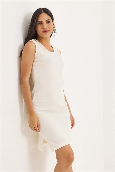 Sıfır Kol Kaşkorse Yırtmaçlı Midi Elbise Beyaz