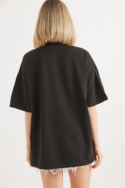 Nakışlı Bisiklet Yaka Tshirt Siyah