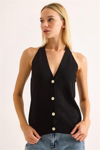 Kadın Düğmeli Triko Yelek Siyah