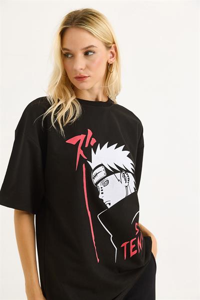 Baskılı Oversize Bisiklet Yaka Tshirt Siyah
