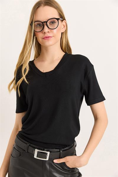Yumuşak Dokulu V Yaka Tshirt Siyah