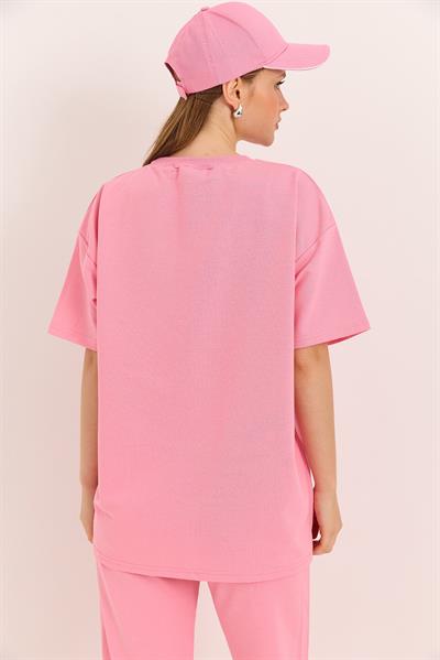 Duck Nakışlı Oversize İki İplik Tshirt Pembe