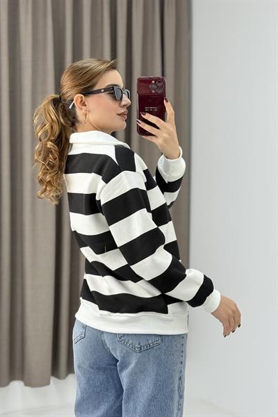 Kadın Siyah Balıkçı Yaka Çizgili Üç İplik İçi Şardonlu Kışlık Sweatshırt