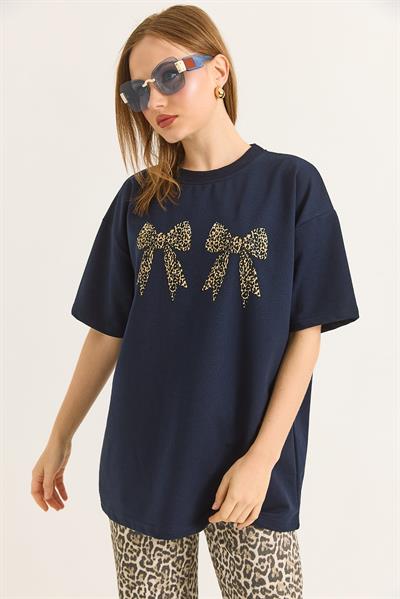 Kurdele Baskı Detaylı Basic TShirt  Lacivert