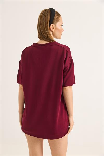 V Yaka Arkası Uzun Basic Tshirt Bordo