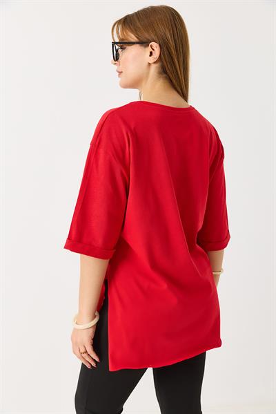 Kadın Yanı Yırtmaçlı Oversize Basic Tshirt Kırmızı