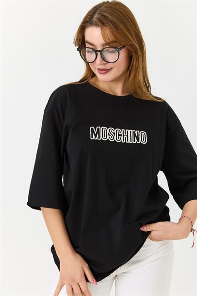 Kadın  Yazı Baskılı Bisiklet Yaka Tshirt Siyah