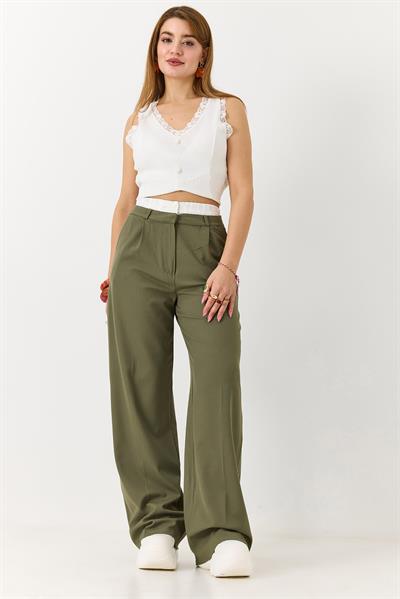 Kadın Beli Lastik Garnili Bol Kesim Pantolon Haki