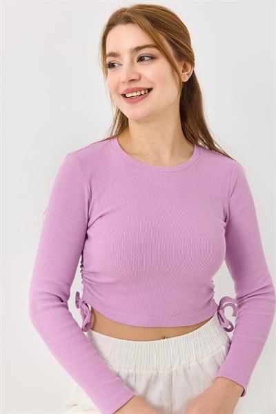 Kadın Yanlardan İp Büzgülü Crop Fitilli Bluz Lila