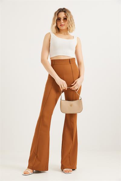 Yüksel Bel Çımalı  İspanyol Paça Pantolon Kahverengi