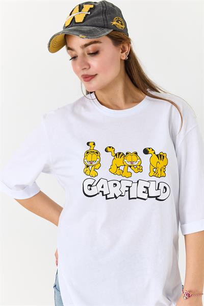 Kadın Garfield Baskılı Yanları Yırtmaçlı Bisiklet Yaka Tshirt Beyaz