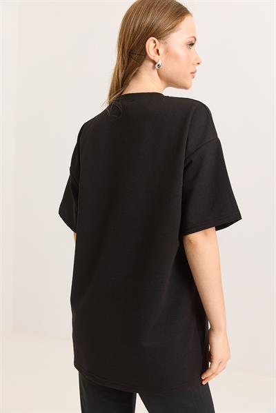 Ayıcık Nakışlı Oversize İki İp Tshirt Siyah