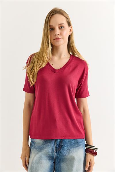 V Yaka Rahat Kalıp Bluz Vişne Çürüğü