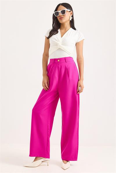 Yüksek Bel Bol Paça Pantalon Fuşya