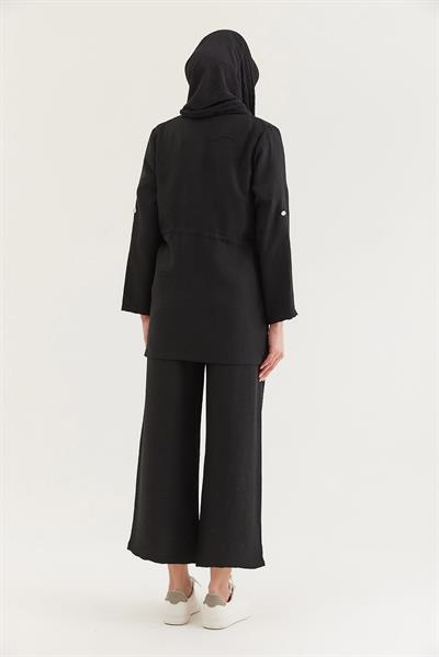 Bel Bağlamalı Ceketli Keten Takım Siyah
