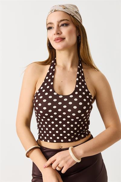 Kadın Boyundan Askılı Puantiyeli Crop Bluz Kahverengi