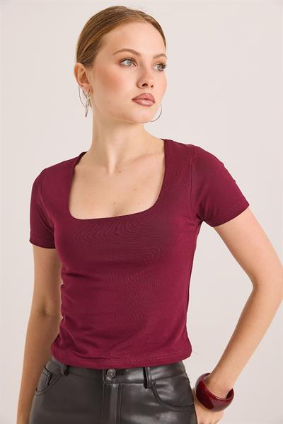 Kare Yaka Esnek Pamuk Örme Bluz Bordo