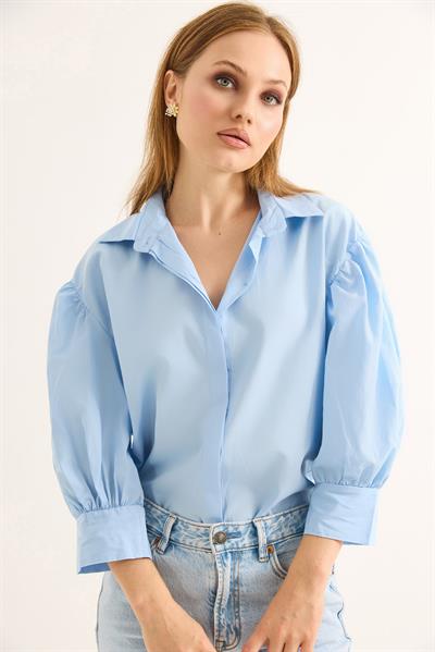 Balon Kol Bol Kesin Kadın Gömlek Mavi