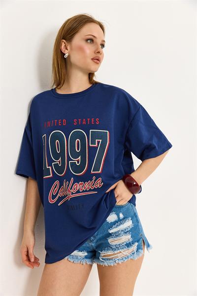 California Baskılı Oversize İki İplik Tshirt  Lacivert