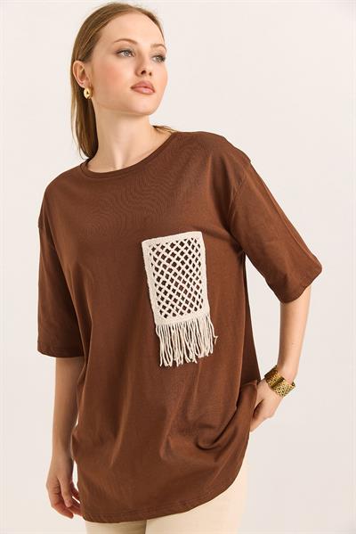 Hasır Cepli Yumuşak Dokulu Fit Tshirt Kahve