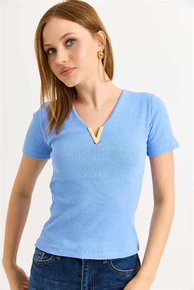 Yaka V detay Kısa Kol Kaşkorse  Mavi