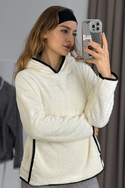 Kadın Kapüşonlu Şerit Detaylı Welsoft Ekru Sweatshirt