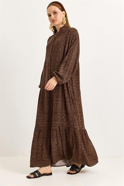 Yakası Düğmeli Viskon Etnik Desenli Rahat Elbise Kahverengi