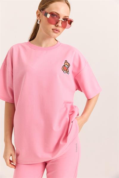 Ayıcık Nakışlı Oversize İki İp Tshirt  Pembe