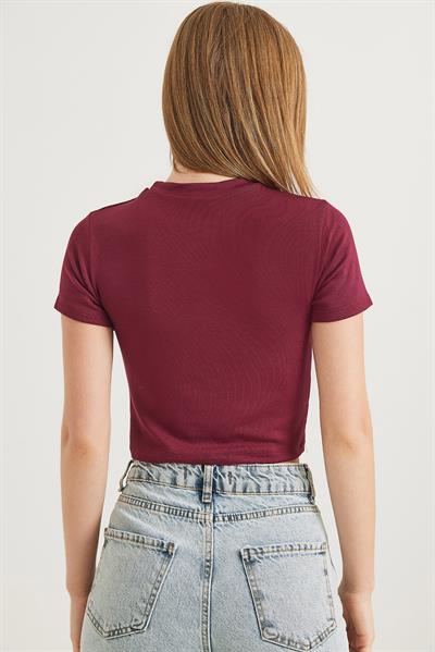 Bisiklet Yaka Esnek Crop Bluz Bordo