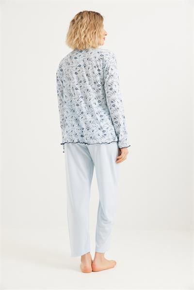Yakası Dantelli Uzun Kollu Pijama Takımı Mavi