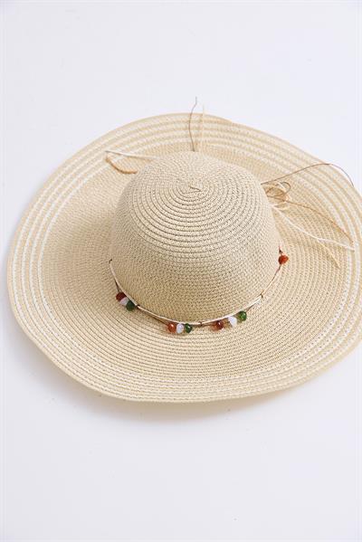 Fiyonk Detaylı Çizgili Hasır Plaj Havuz Şapkası Bej