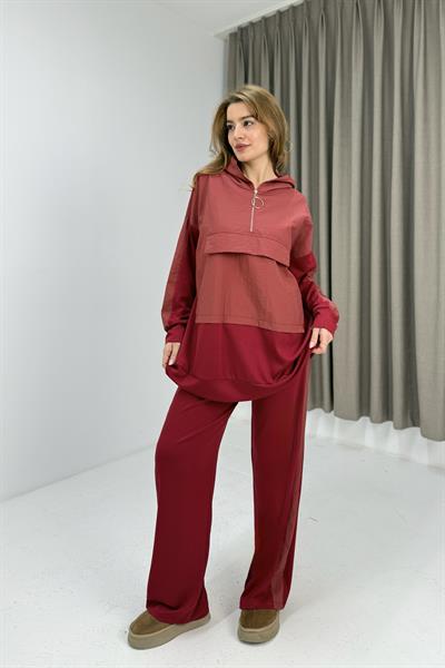 Kadın Beli Lastikli Yarım Fermuarlı Oversize Kpüşonlu Eşofman Takım Kırmızı