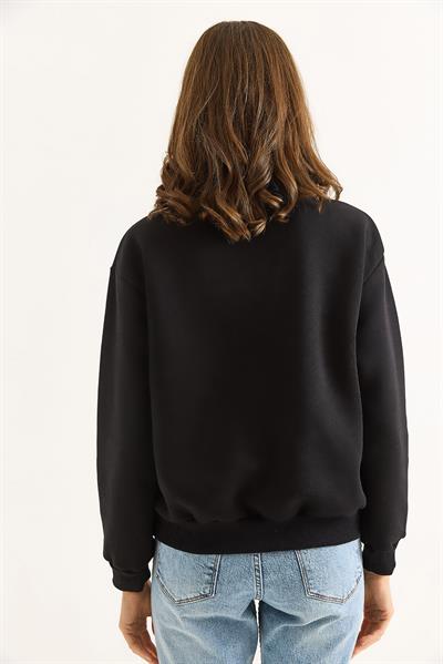 Kadın Dik Yaka Fermuarlı Roket Baskılı Sweatshirt Siyah