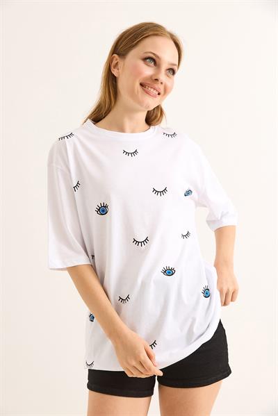Göz Baskılı Oversize Pamuk Süprem Tshirt Beyaz