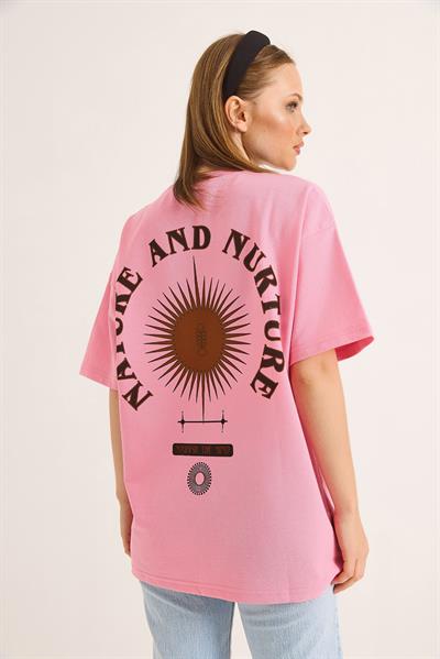 Bisiklet Yaka Kısa Kol Baskılı Tshirt Pembe