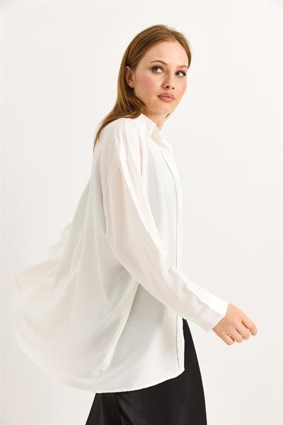 Uzun Kollu Cep Detaylı Basic Gömlek Beyaz
