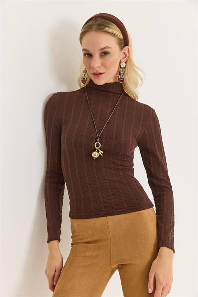 Kadın Balıkçı Yaka Triko Esnek Kazak Kahverengi
