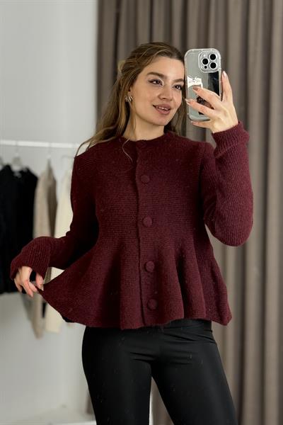Kadın Volanlı Yumoş Triko Hırka Bordo