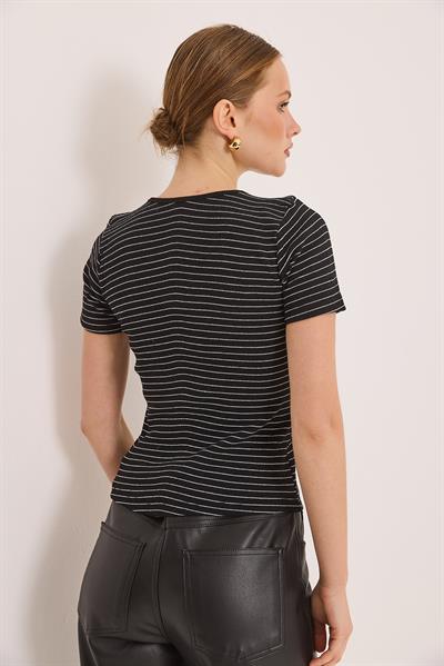 Yaka Detaylı Kaşkorse Çizgili Örme Bluz Siyah