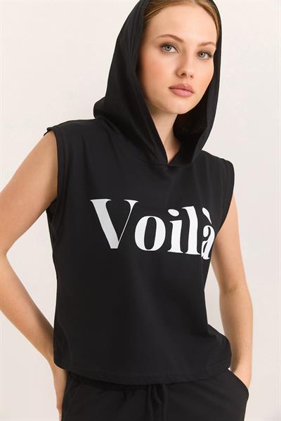 Kapüşonlu Sıfır Kol Baskılı Tshirt Siyah