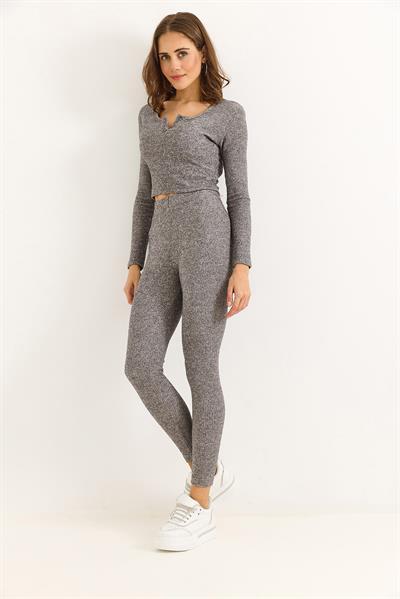 Kadın Esnek Tayt Crop Takım Gri