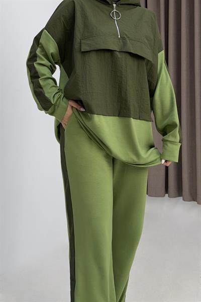 Kadın Beli Lastikli Yarım Fermuarlı Oversize Kpüşonlu Eşofman Takım Yeşil