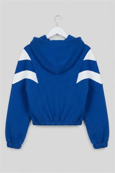 Kadın Beli Lastikli Şerit Detaylı Kapüşonlu Sweat Mavi