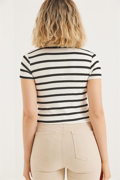 Polo Yaka Çizgili Crop Bluz Siyah