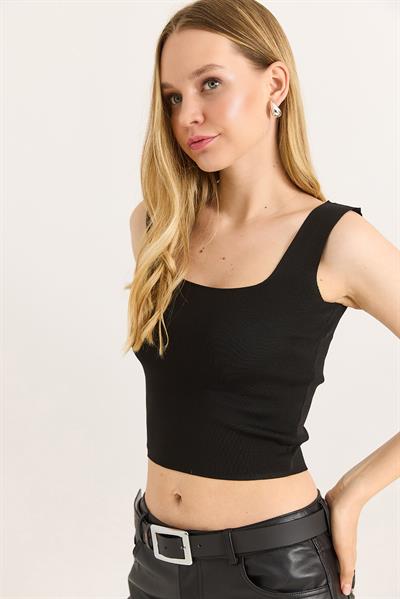  Kare Yaka Crop Triko Bluz Siyah