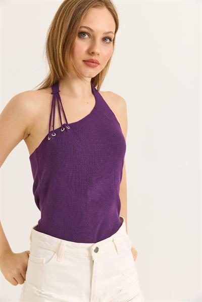 Tek Omuz Boyun Detaylı Triko Bluz Mor