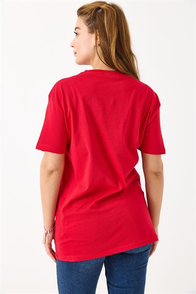 Kadın Basketbol Grafik Baskılı Günlük Tshirt  Kırmızı