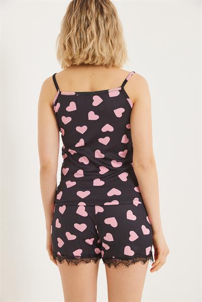 Dantel Detaylı Şortlu Pijama Takımı Siyah
